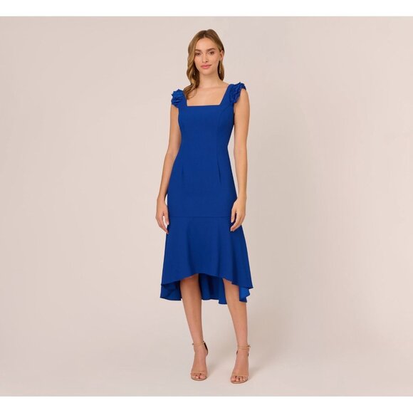 Adrianna Papell Women's Size 10 Blue Crepe Satin Ruffled Square Neck Midi Dress - Picture 1 of 12